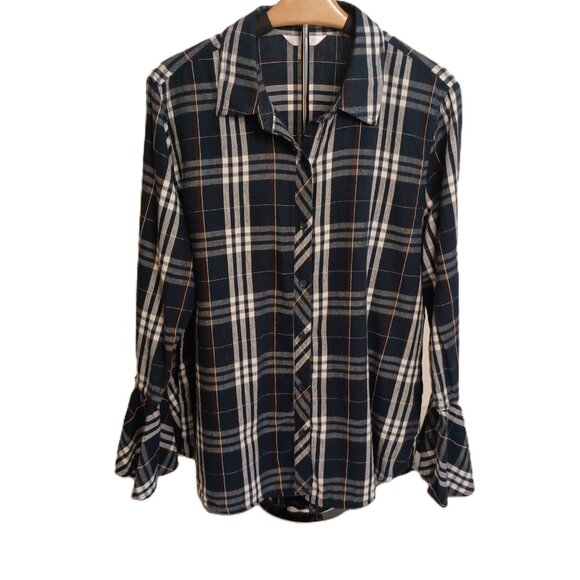 Time and Tru Women’s Blue Plaid Flannel ButtonUp Shirt Bell Sleeves Size L 12–14 - Picture 6 of 16